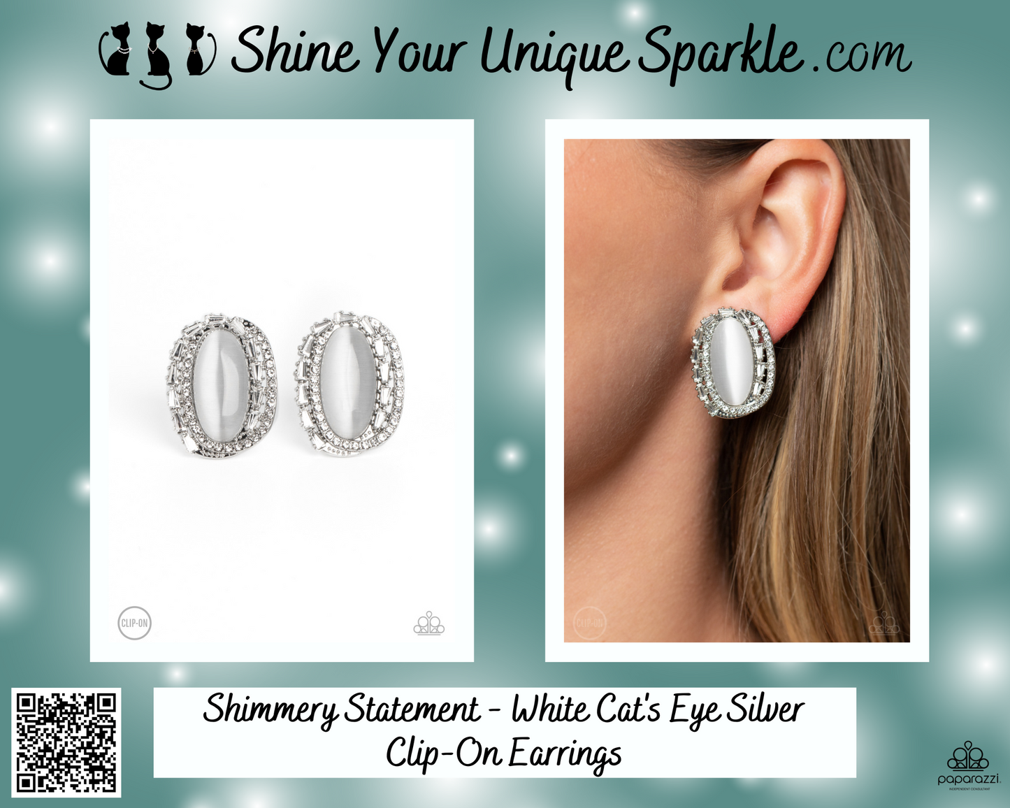 Shimmery Statement - White Cat's Eye Silver Clip-On Earrings