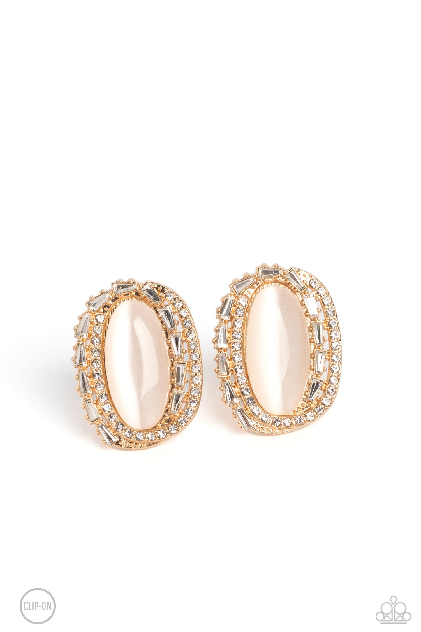 Shimmery Statement - Gold Oval Cat's Eye Clip-On Earrings