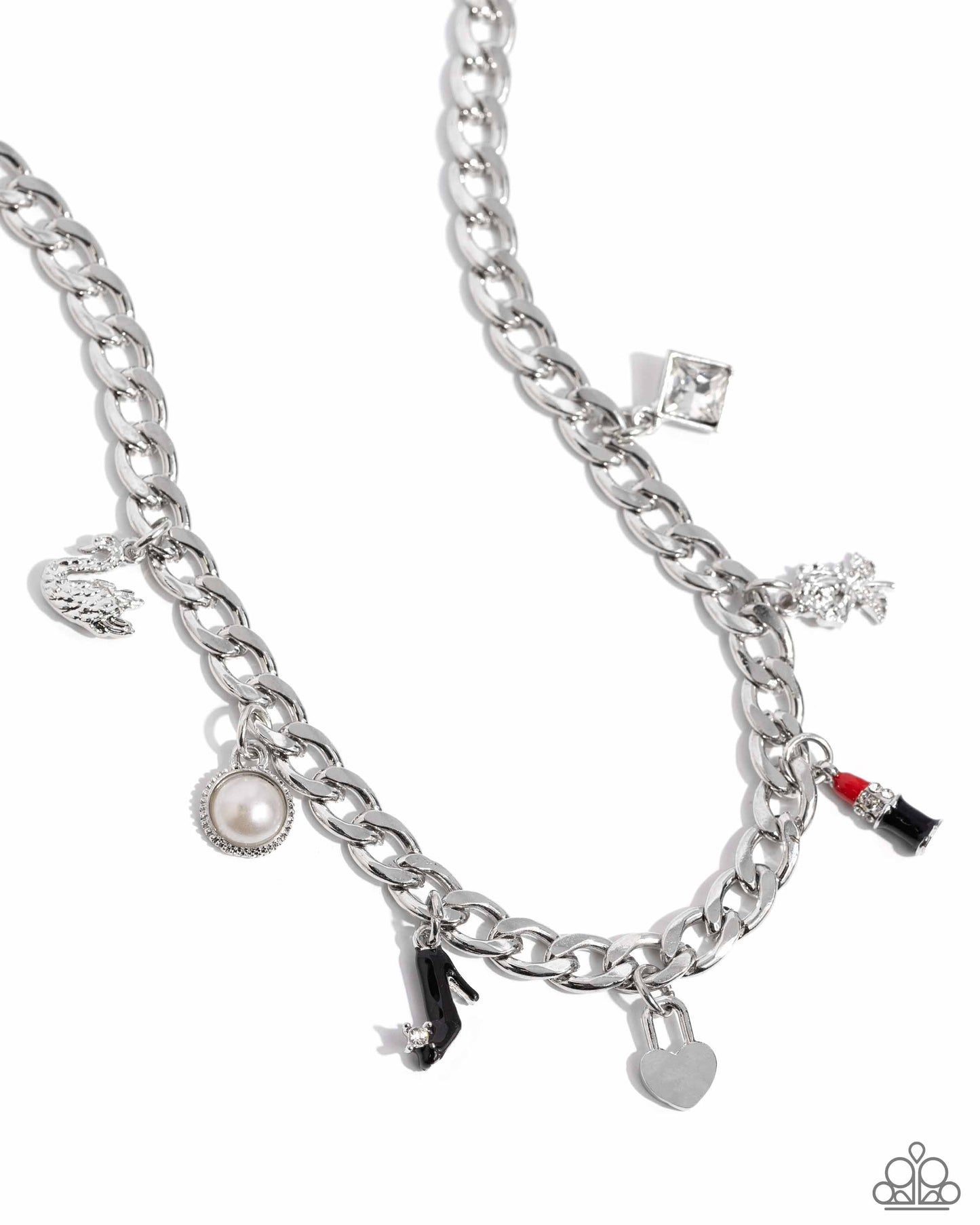 Shopaholic Slay - Red Lipstick, Black High Heel, Heart, Rose, Swan, Framed Gem and Framed Pearl Charm Silver Short Necklace - Life of the Party