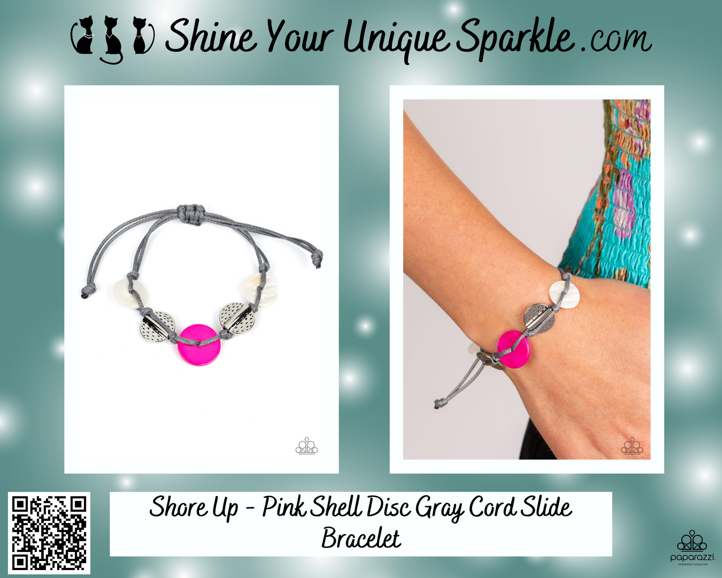 Shore Up - Pink Shell Disc Gray Cord Slide Bracelet