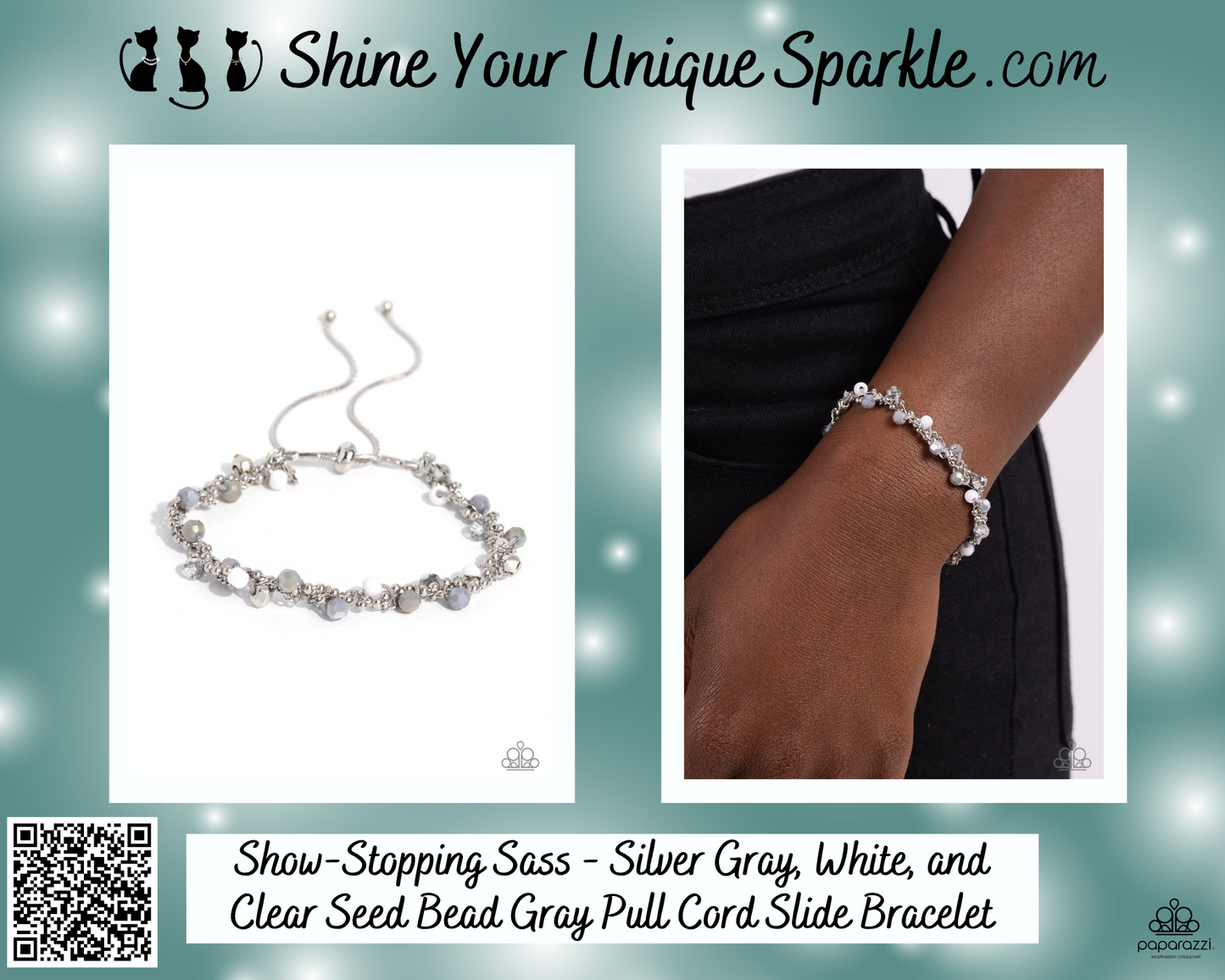 Show-Stopping Sass - Silver Gray, White, and Clear Seed Bead Gray Pull Cord Slide Bracelet