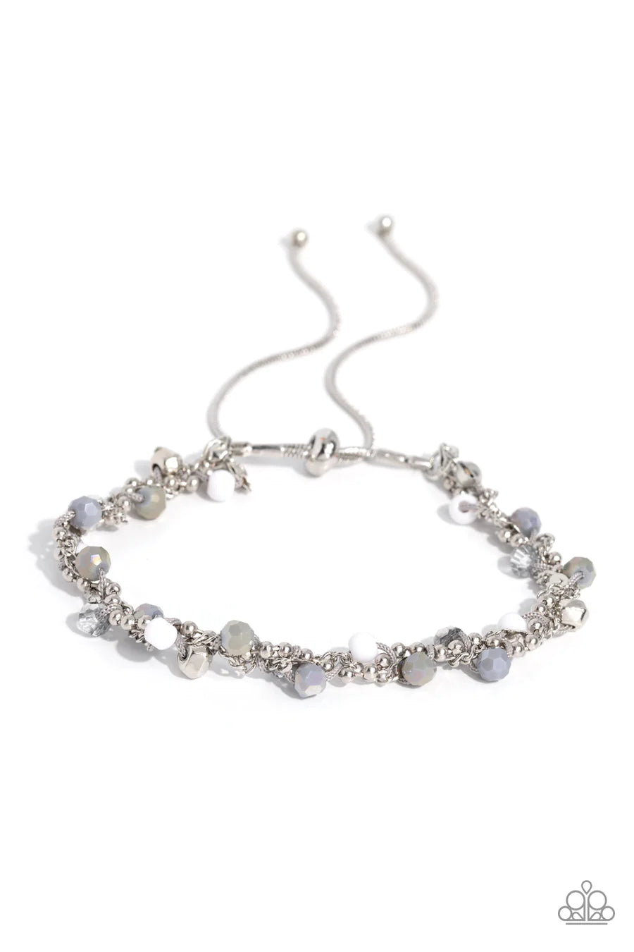 Show-Stopping Sass - Silver Gray, White, and Clear Seed Bead Gray Pull Cord Slide Bracelet