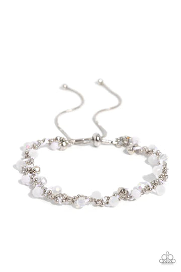 Show-Stopping Sass - White Seed Bead Gray Pull Cord Slide Bracelet