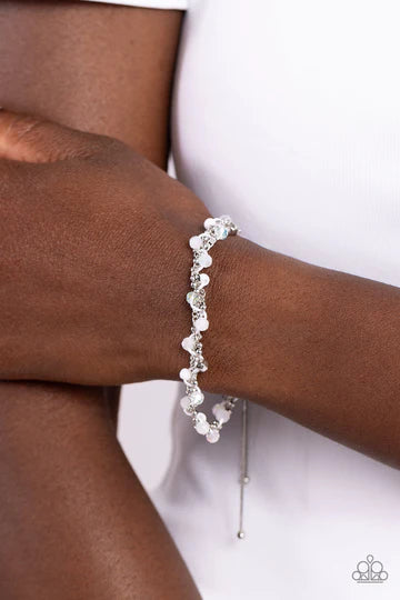 Show-Stopping Sass - White Seed Bead Gray Pull Cord Slide Bracelet