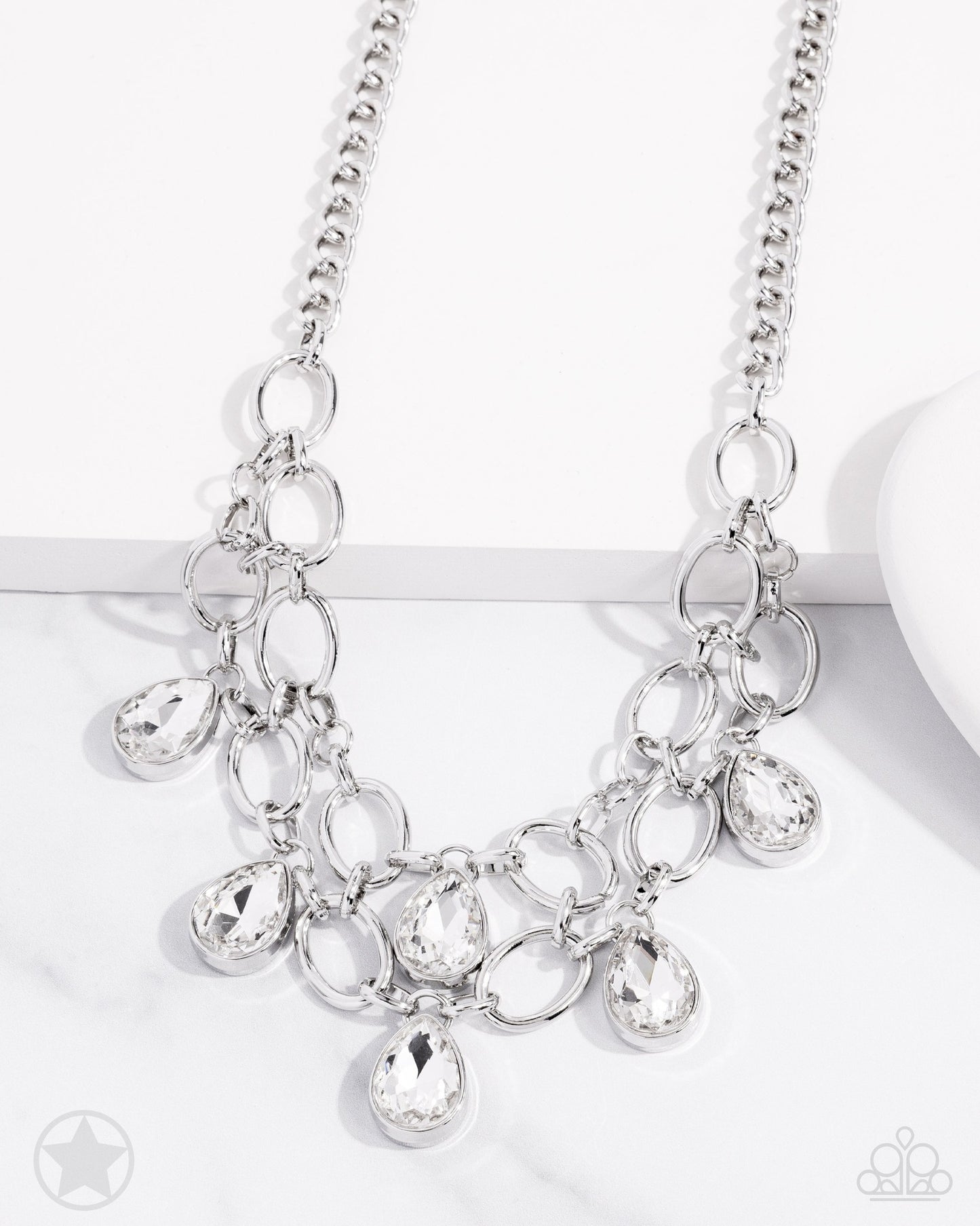 Show-Stopping Shimmer - White Rhinestone Silver Short Necklace - Blockbuster