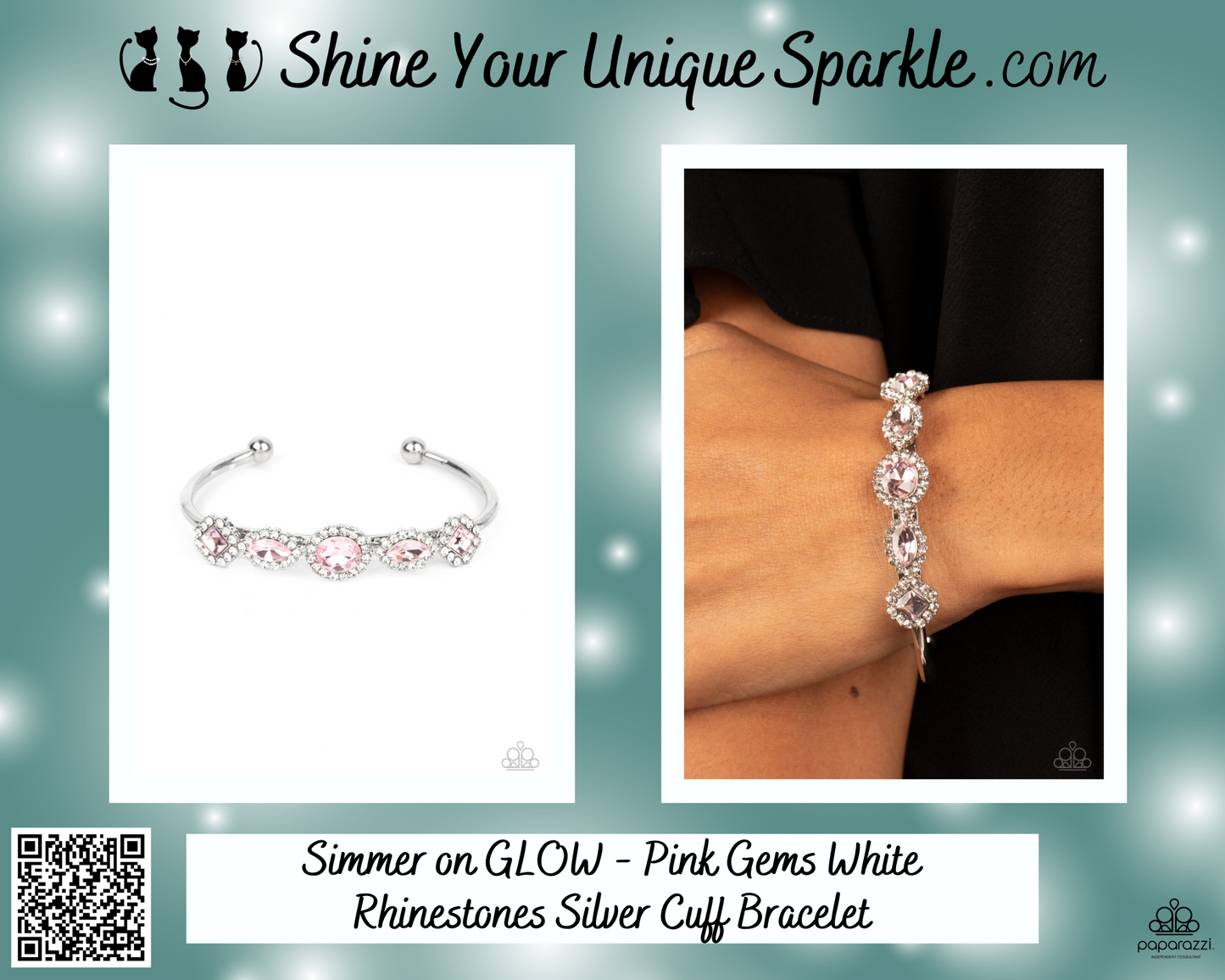 Simmer on GLOW - Pink Gems White Rhinestones Silver Cuff Bracelet