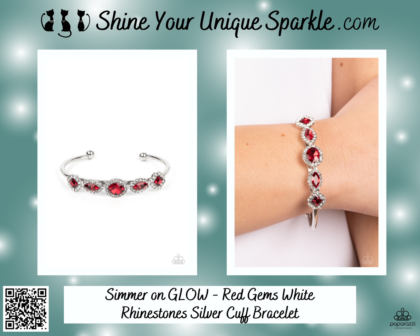 Simmer on GLOW - Red Gems White Rhinestones Silver Cuff Bracelet