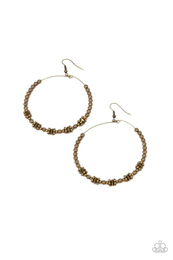 Simple Synchrony - Brass Textured Bead Circle Fishhook Earrings