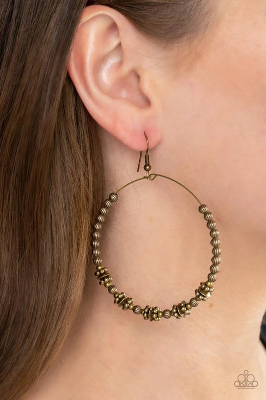 Simple Synchrony - Brass Textured Bead Circle Fishhook Earrings