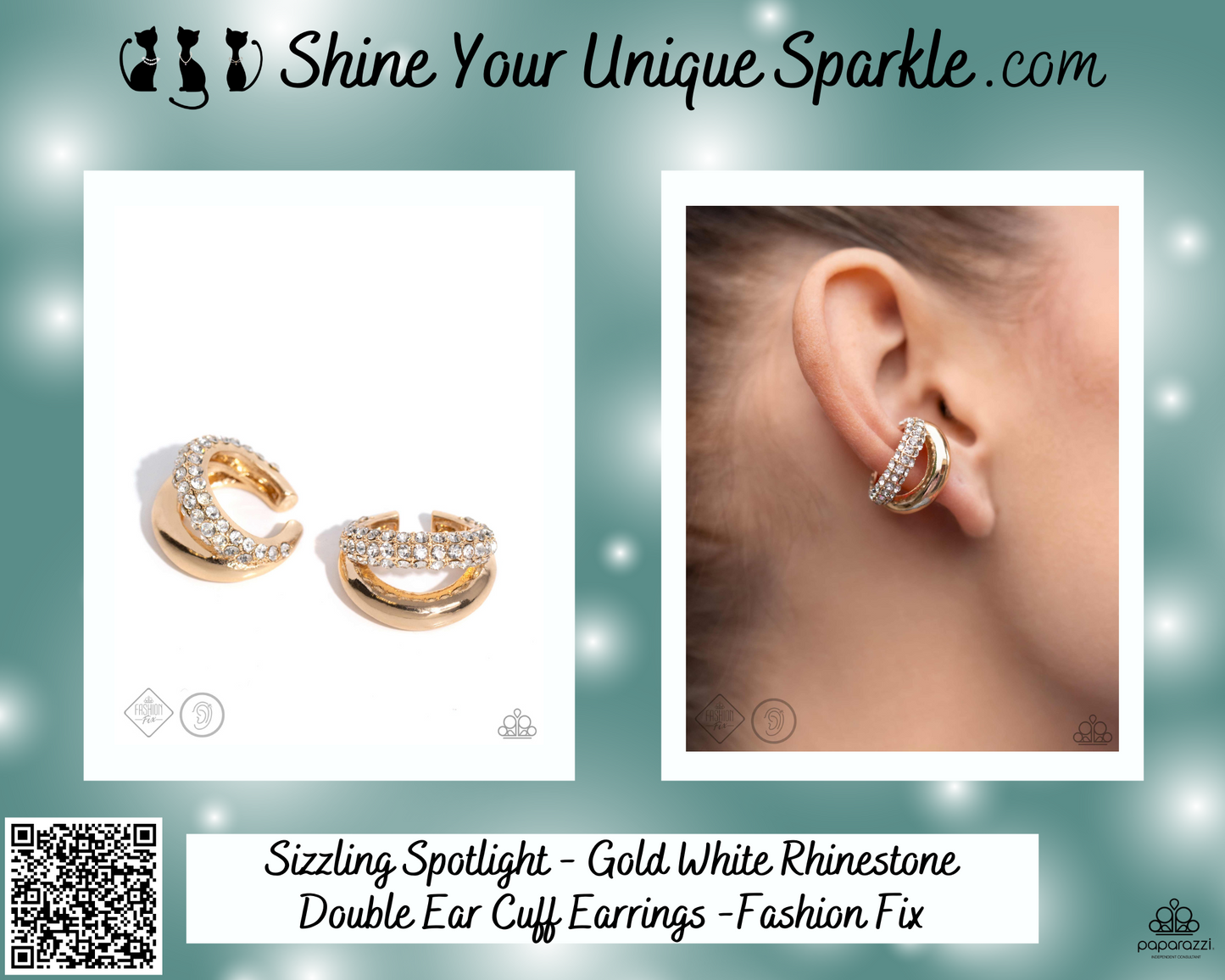 Sizzling Spotlight - Gold White Rhinestone Double Ear Cuff Earrings -Fashion Fix