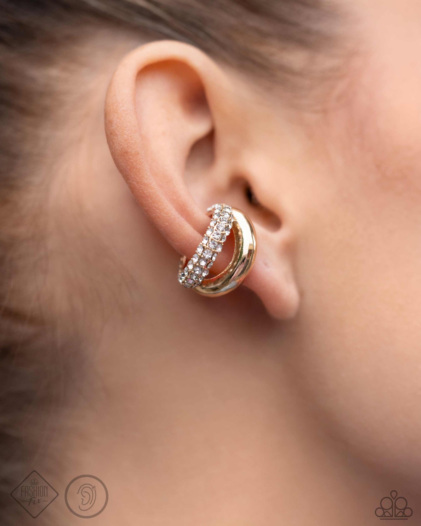 Sizzling Spotlight - Gold White Rhinestone Double Ear Cuff Earrings -Fashion Fix