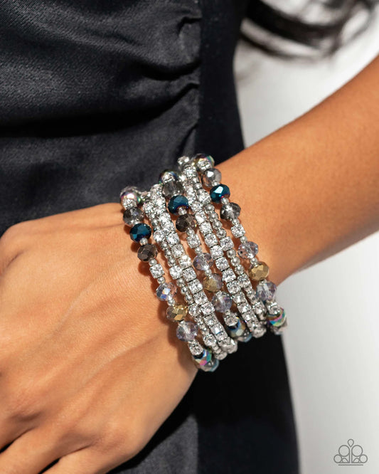 Sizzling Stack - Multi Oil Spill Bead White Rhinestone Silver Coil Bracelet - 2024 EMP Exclusive
