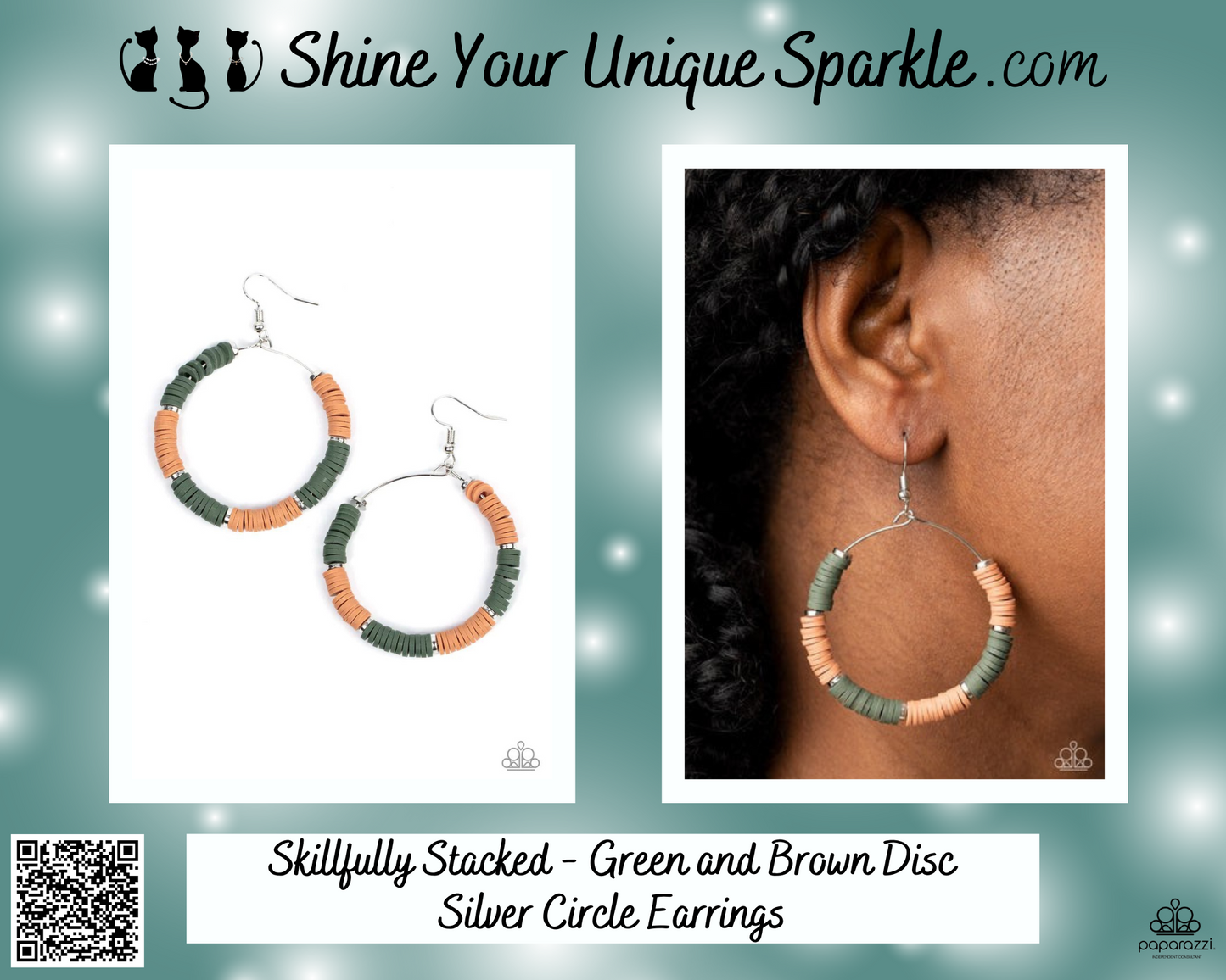 Skillfully Stacked - Green and Brown Disc Silver Circle Earrings