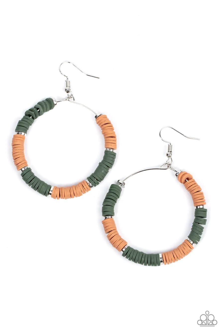 Skillfully Stacked - Green and Brown Disc Silver Circle Earrings