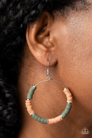 Skillfully Stacked - Green and Brown Disc Silver Circle Earrings