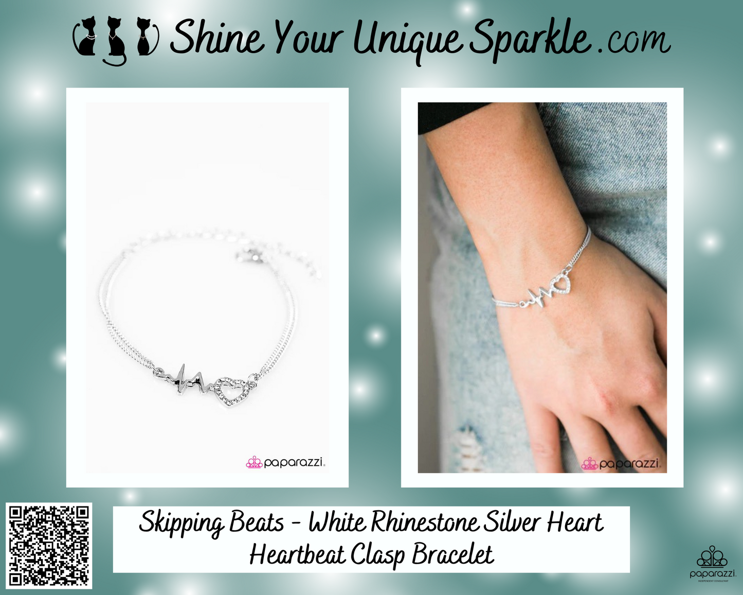 Skipping Beats - White Rhinestone Silver Heart Heartbeat Clasp Bracelet