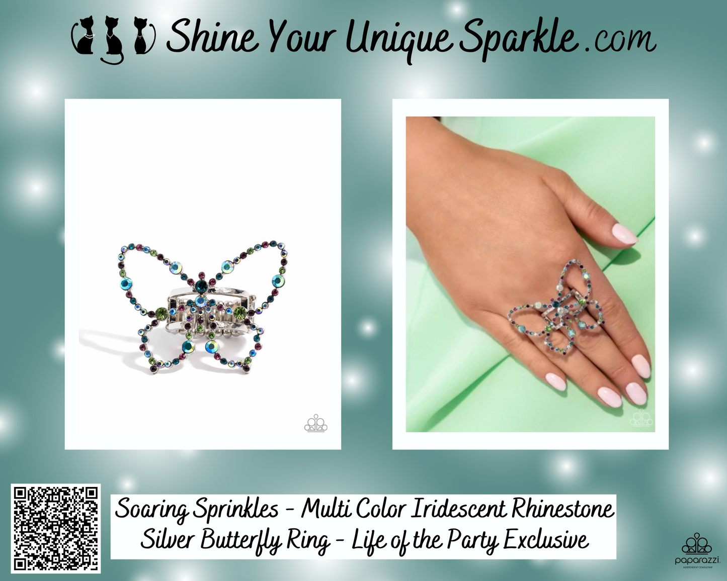 Soaring Sprinkles - Multi Color Iridescent Rhinestone Silver Butterfly Ring - Life of the Party Exclusive