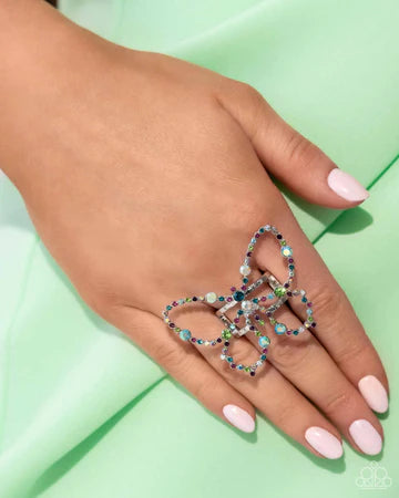 Soaring Sprinkles - Multi Color Iridescent Rhinestone Silver Butterfly Ring - Life of the Party Exclusive