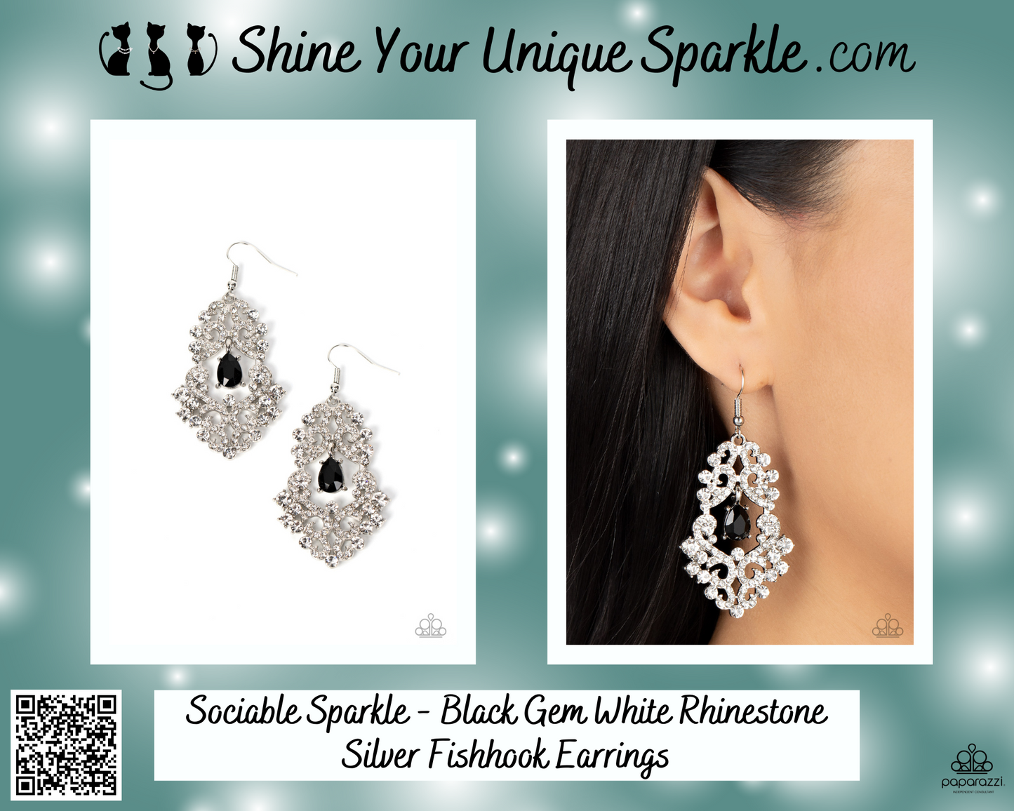 Sociable Sparkle - Black Gem White Rhinestone Silver Fishhook Earrings