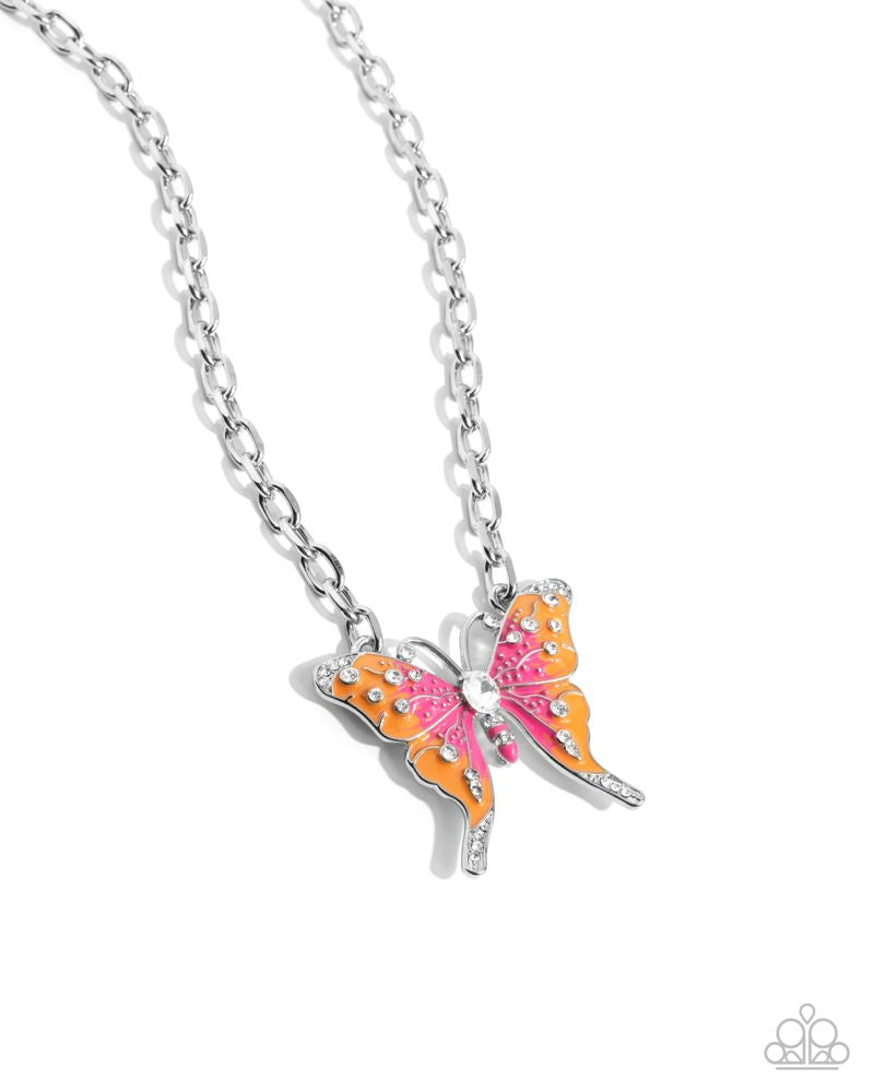 Soft Landing - Orange and Pink Butterfly Silver Short Necklace