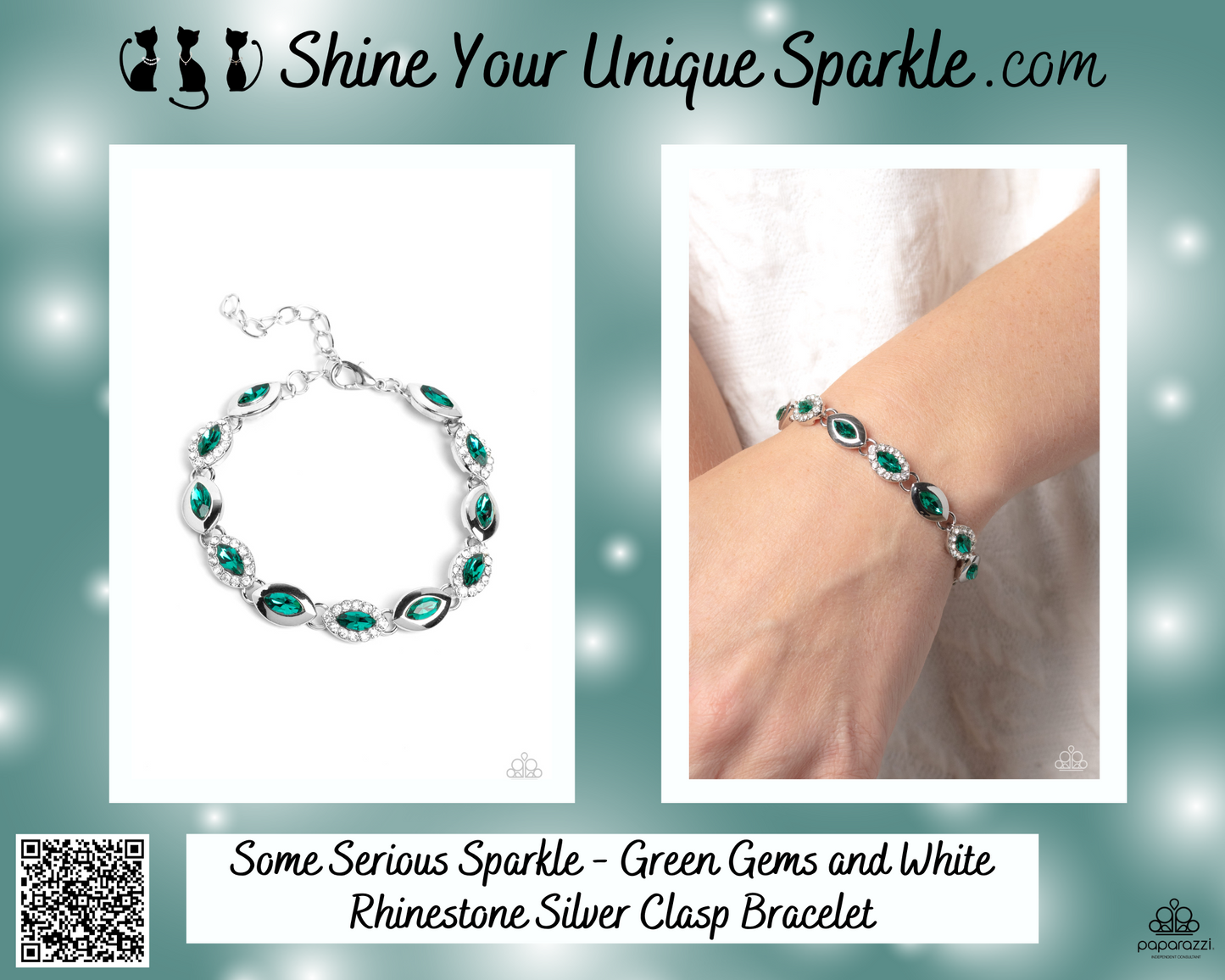 Some Serious Sparkle - Green Gems and White Rhinestone Silver Clasp Bracelet