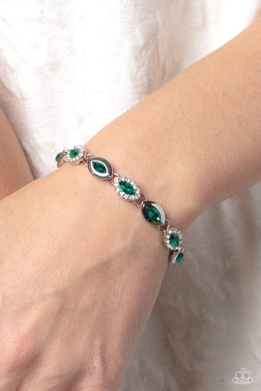 Some Serious Sparkle - Green Gems and White Rhinestone Silver Clasp Bracelet