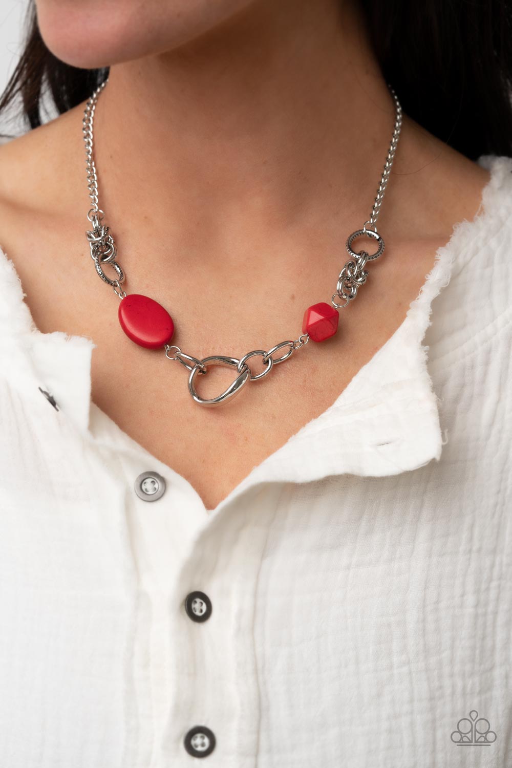 PERFECT MATCH / SET: Sonoran Solo - Red Crackle Bead Silver Short Necklace AND Hola, SONORA - Red Crackle Bead Silver Clasp Bracelet