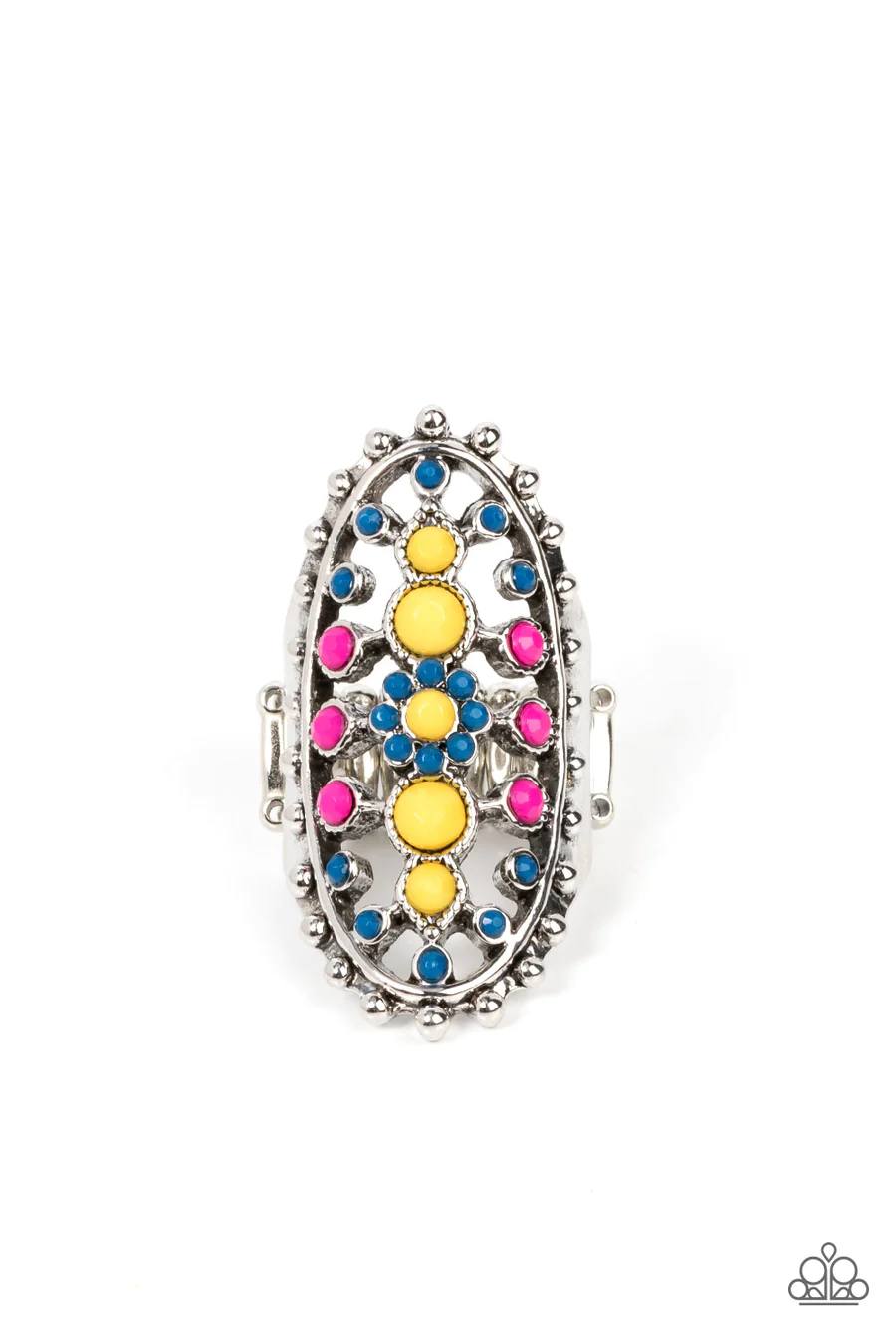 Sonoran Solstice - Blue Yellow and Pink Bead Silver Ring