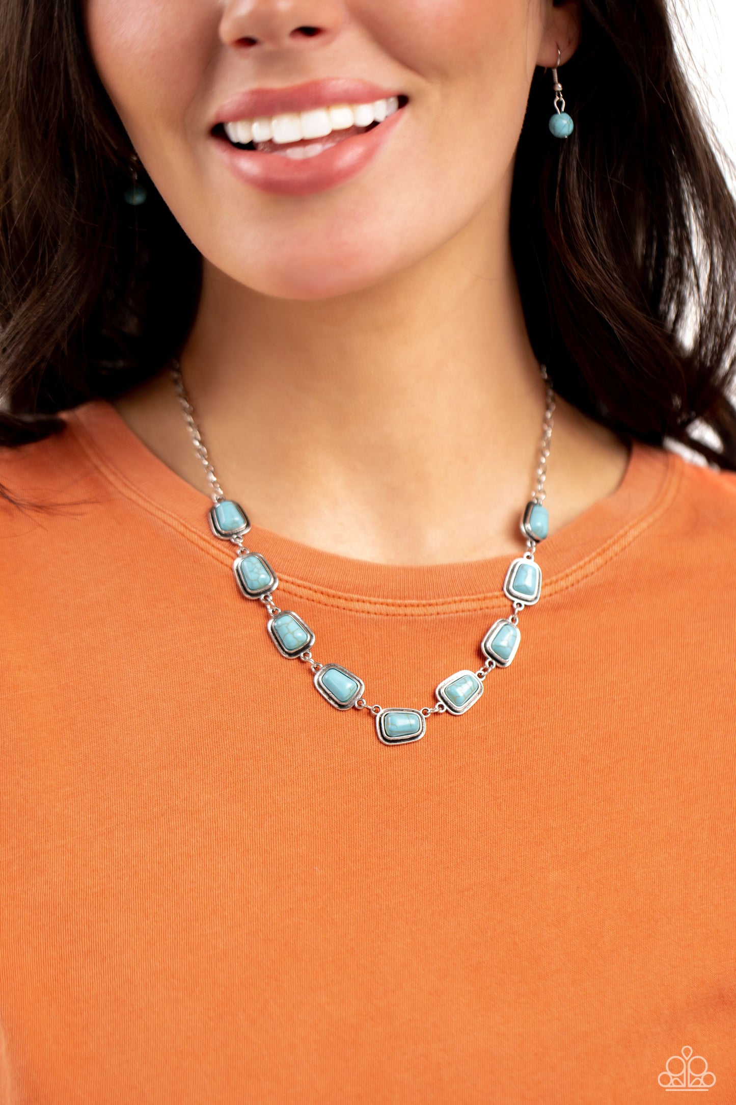 PERFECT MATCH / SET: Southern Safari - Blue Turquoise Crackle Stone Silver Short Necklace AND Chasing Canyons - Blue Turquoise Crackle Stone Silver Clasp Bracelet