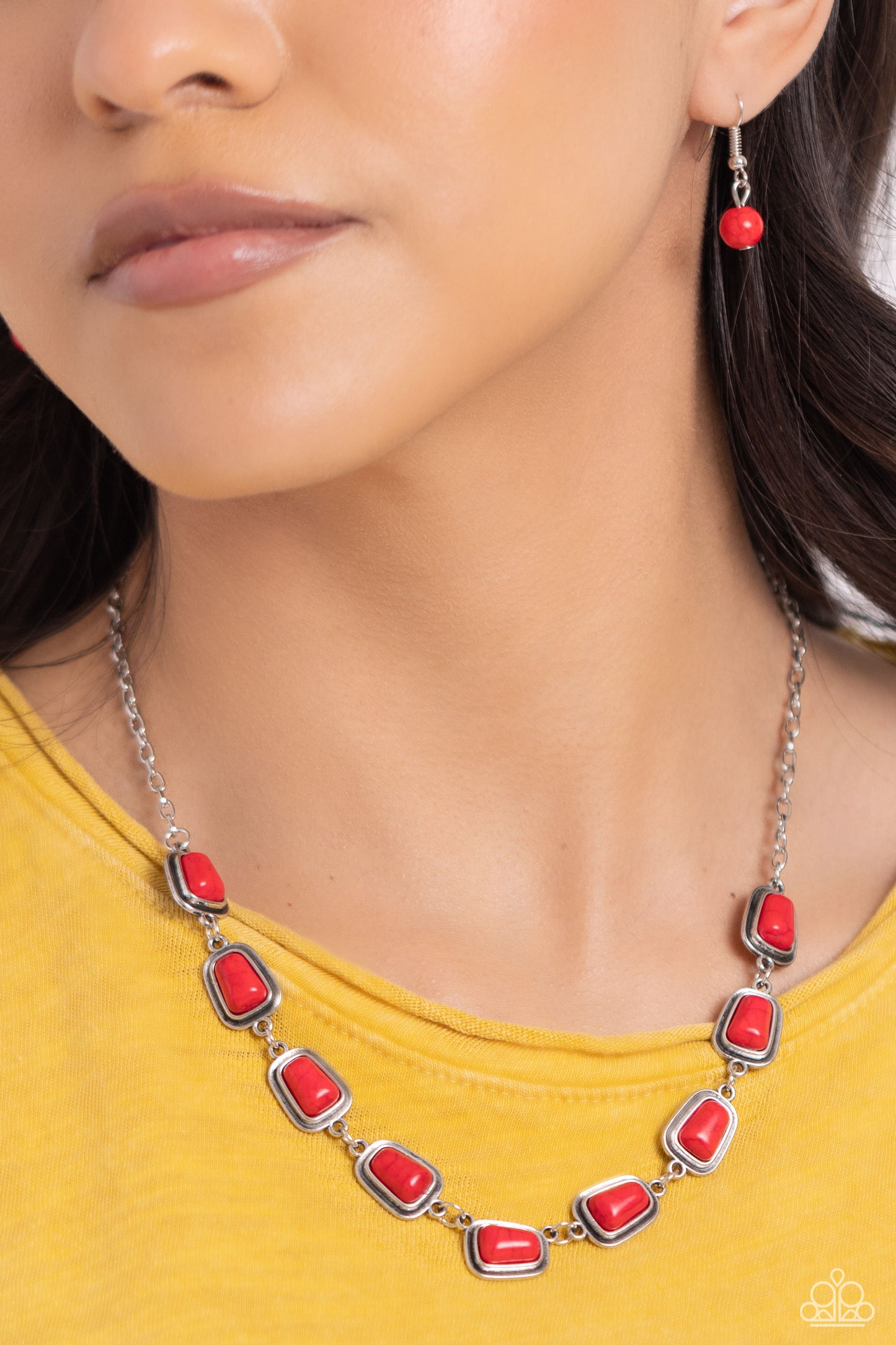 PERFECT MATCH / SET: Southern Safari - Red Crackle Stone Silver Short Necklace AND Chasing Canyons - Red Crackle Stone Silver Clasp Bracelet