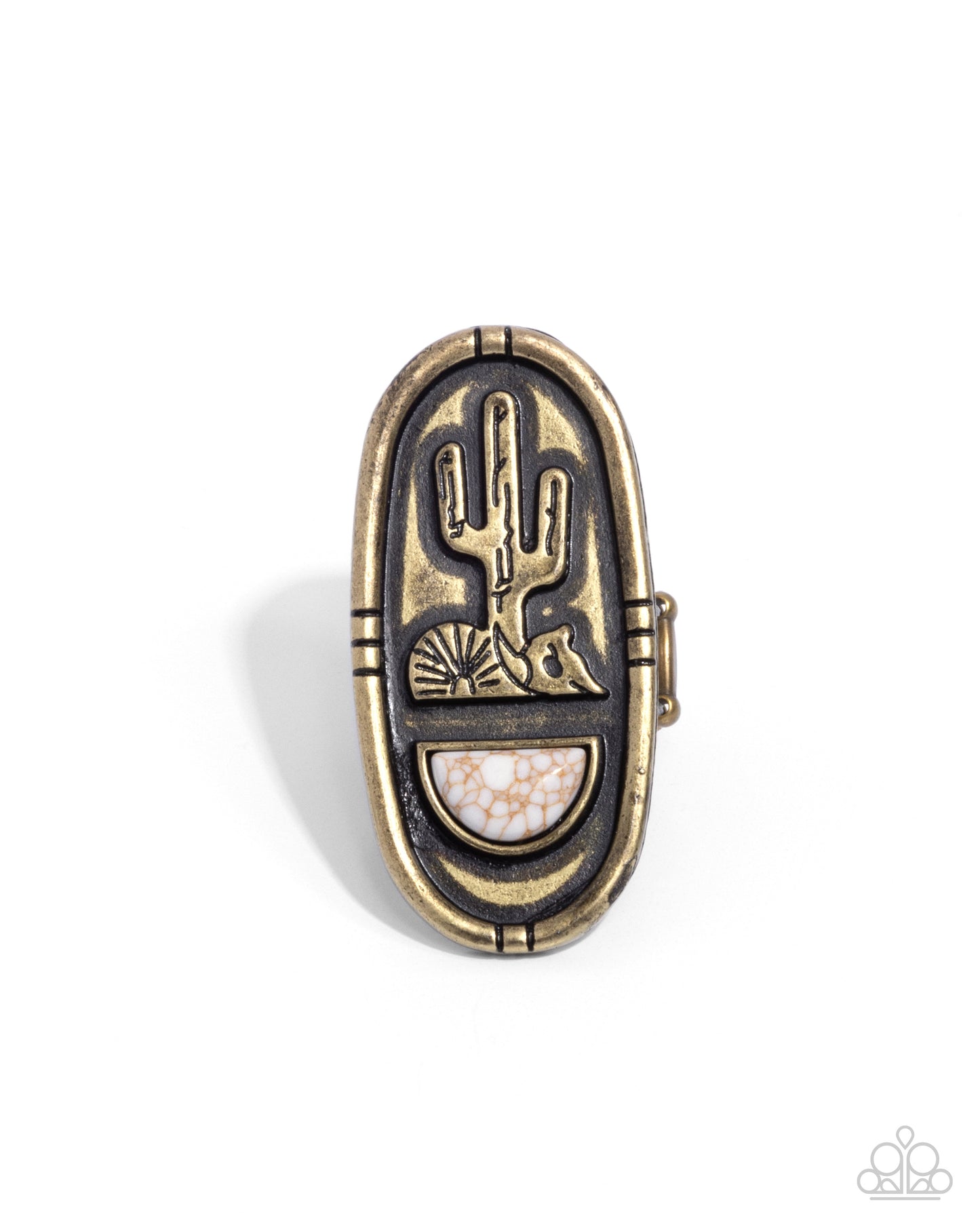 Southwestern Sketch - Brass Cactus Western Ring with White and Brown Stone