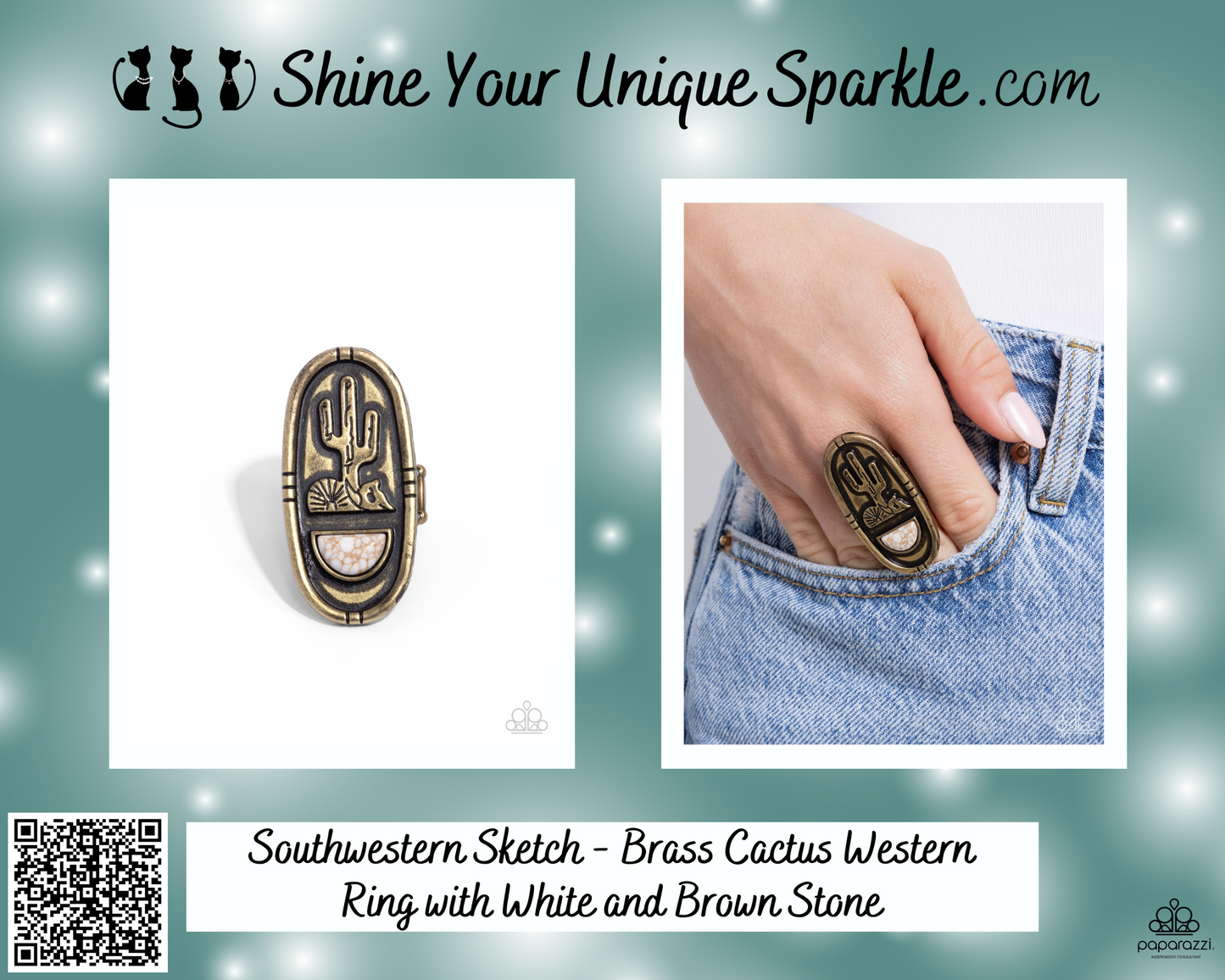 Southwestern Sketch - Brass Cactus Western Ring with White and Brown Stone