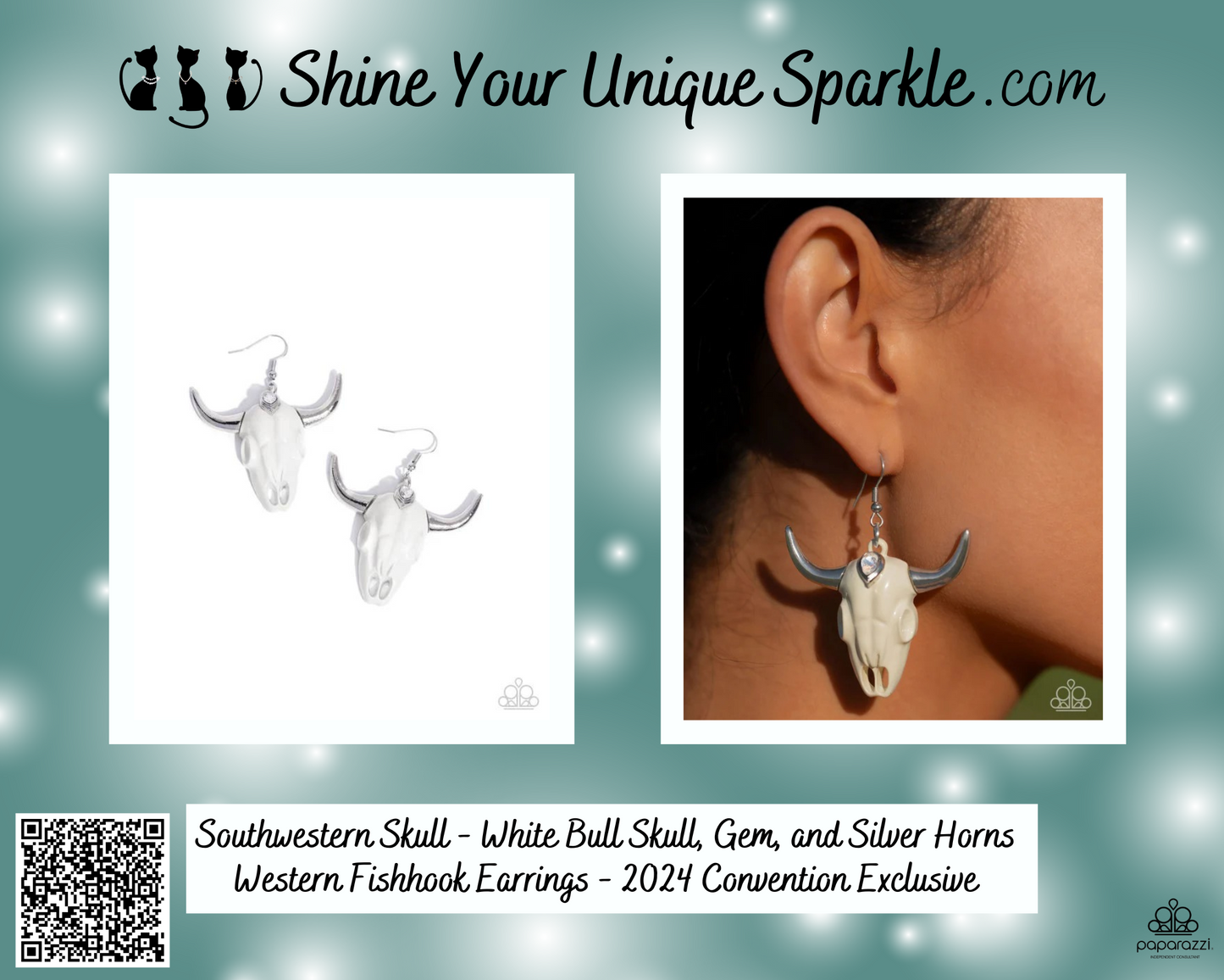 Southwestern Skull - White Bull Skull, Gem, and Silver Horns Western Fishhook Earrings - 2024 Convention Exclusive