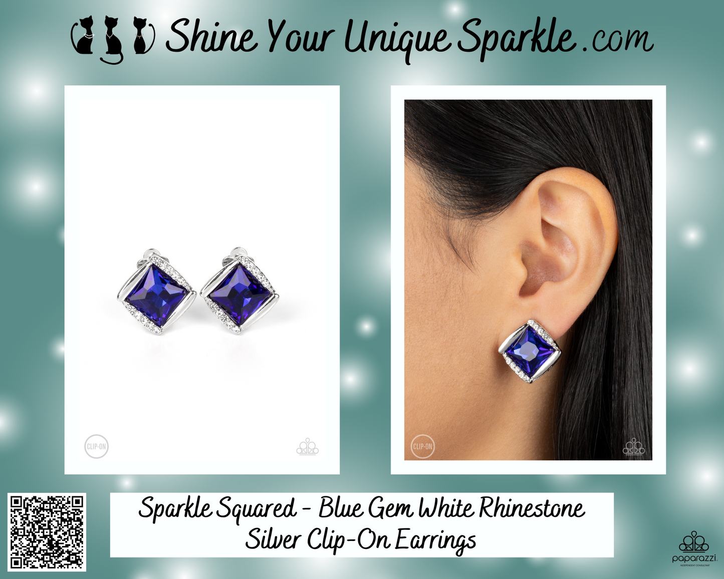 Sparkle Squared - Blue Gem White Rhinestone Silver Clip-On Earrings