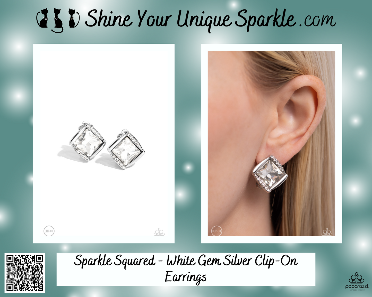 Sparkle Squared - White Gem Silver Clip-On Earrings