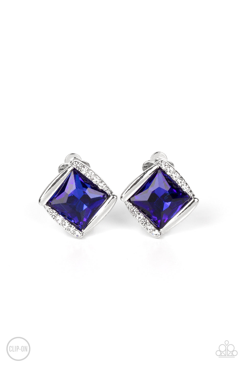 Sparkle Squared - Blue Gem White Rhinestone Silver Clip-On Earrings