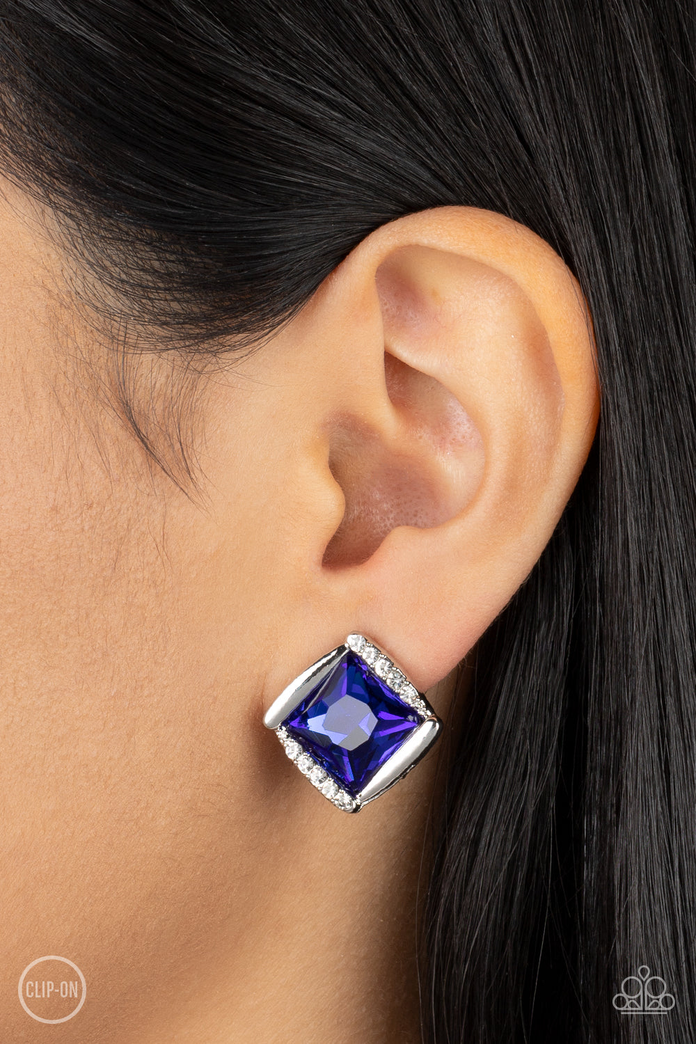 Sparkle Squared - Blue Gem White Rhinestone Silver Clip-On Earrings