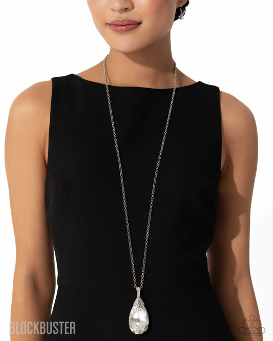 Spellbinding Sparkle - White Teardrop Gem Pendant Long Necklace - Blockbuster