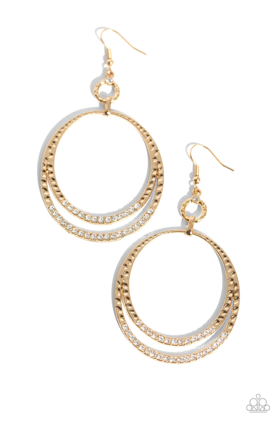 Spin Your HEELS - Gold Oval White Rhinestone Fishhook Earrings