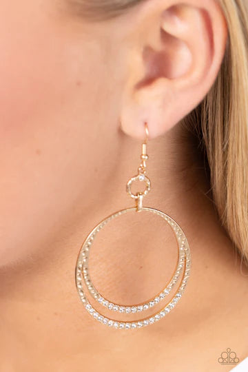 Spin Your HEELS - Gold Oval White Rhinestone Fishhook Earrings