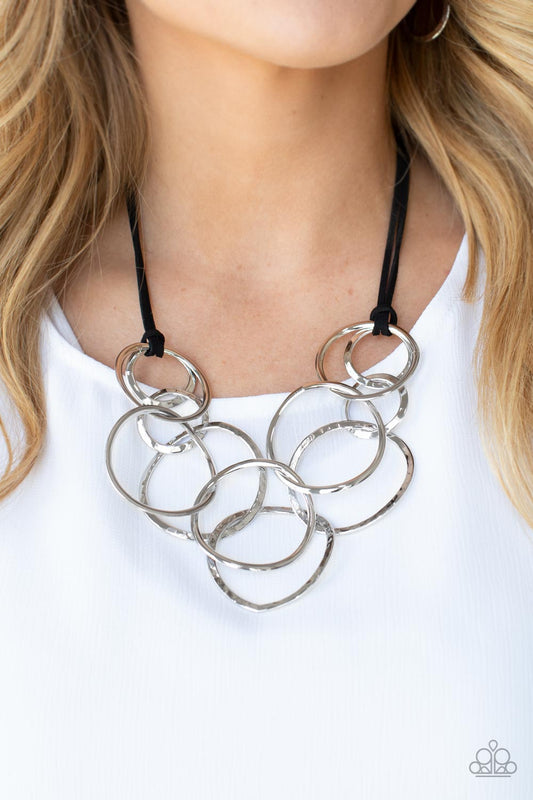 Spiraling Out of COUTURE - Silver Circle Black Cord Short Necklace