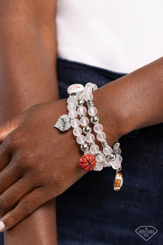 Sports Fan - Rhinestone-Sports Balls, White Beads, Stretchy Bracelet Set - Empire Diamond Exclusive