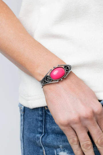 Springtime Trendsetter - Pink Bead Silver Cuff Bracelet