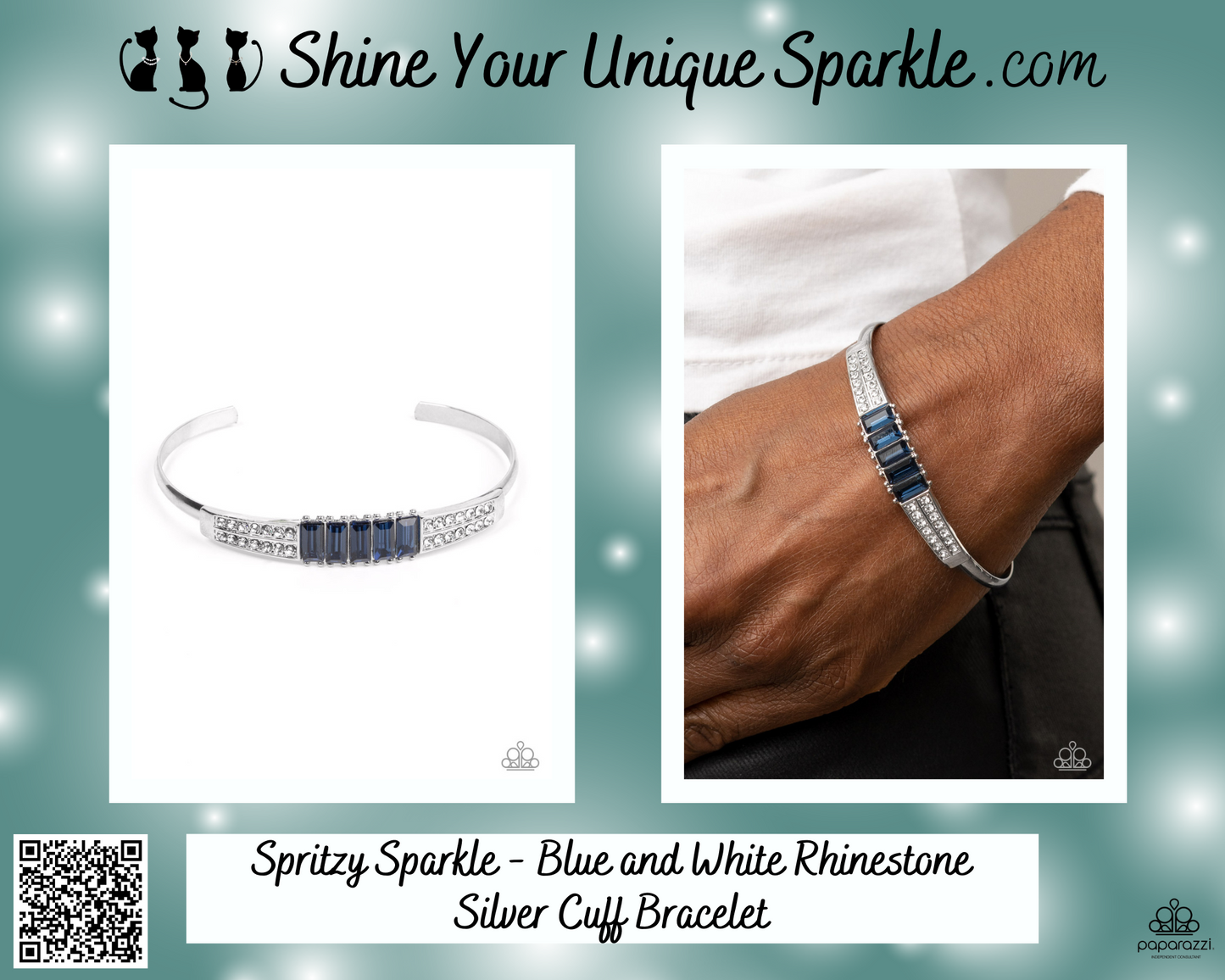 Spritzy Sparkle - Blue and White Rhinestone Silver Cuff Bracelet