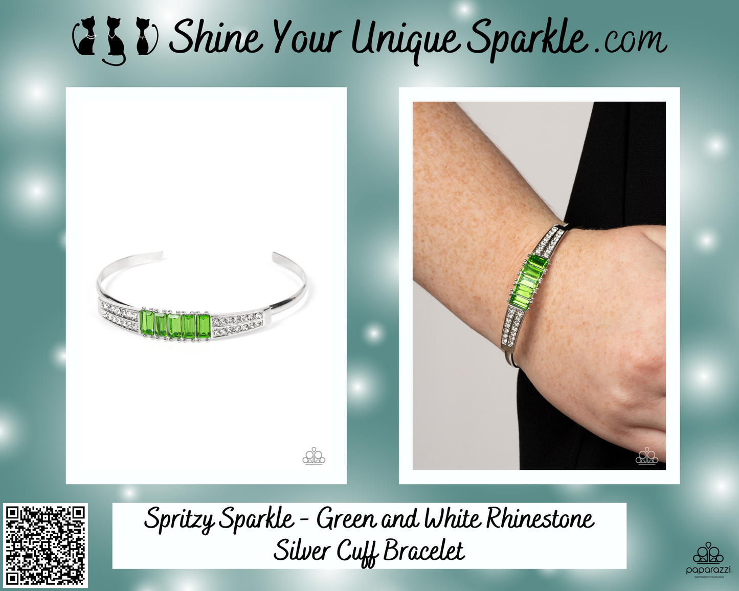 Spritzy Sparkle - Green and White Rhinestone Silver Cuff Bracelet