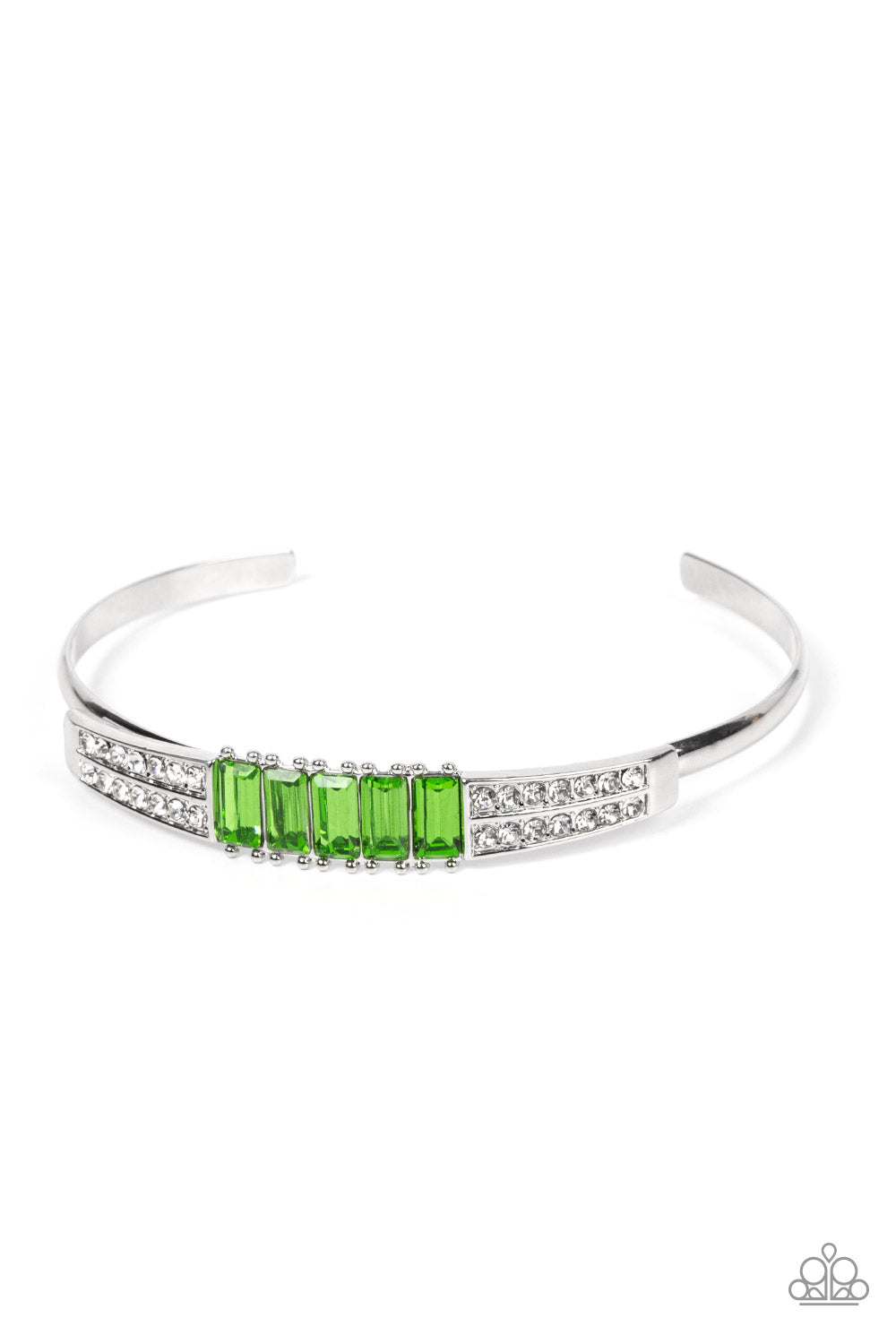 Spritzy Sparkle - Green and White Rhinestone Silver Cuff Bracelet