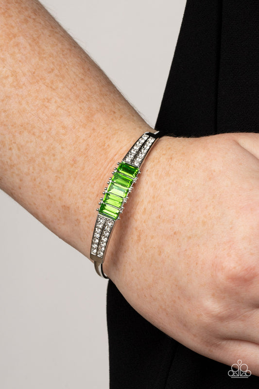 Spritzy Sparkle - Green and White Rhinestone Silver Cuff Bracelet