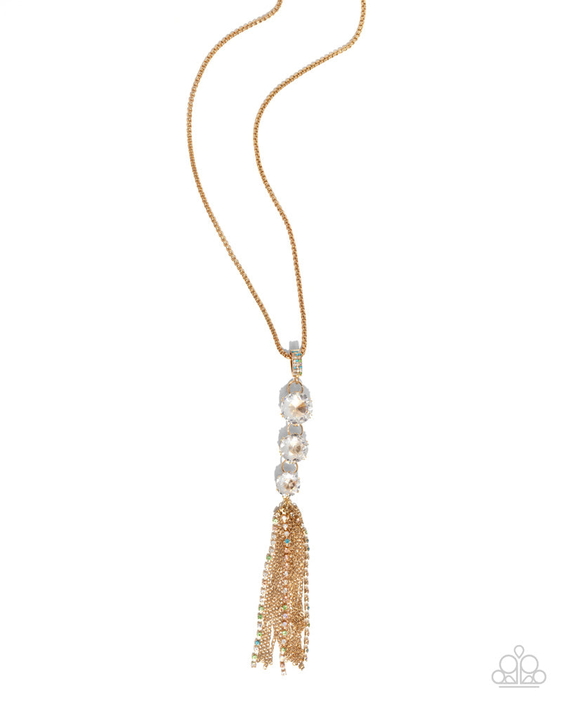 Stacked Standpoint - Gold White Gem Multi Color Rhinestones Tassel Long Necklace
