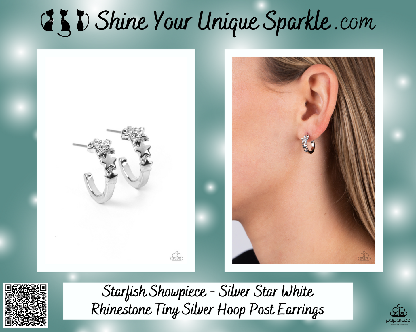 Starfish Showpiece - Silver Star White Rhinestone Tiny Silver Hoop Post Earrings