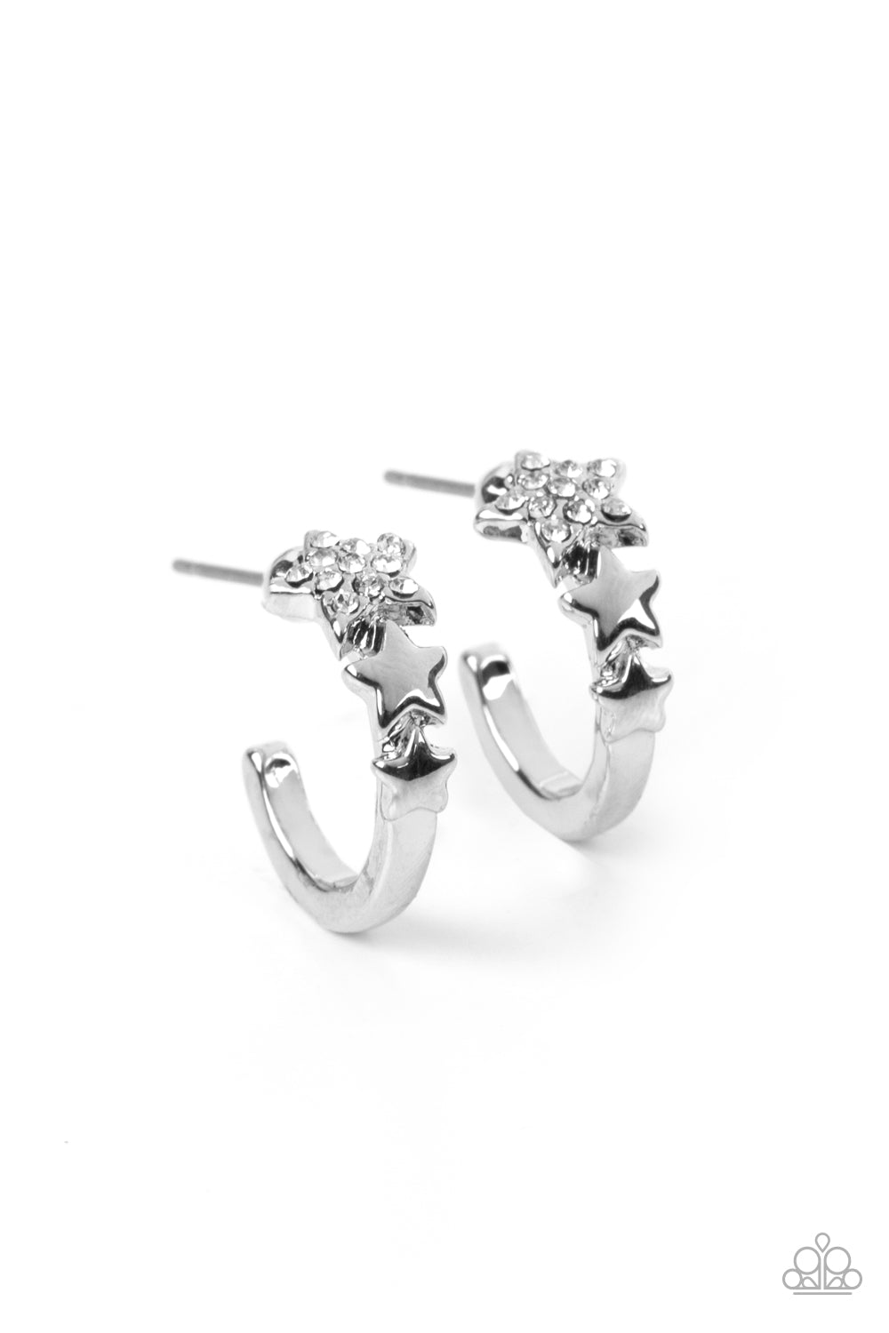 Starfish Showpiece - Silver Star White Rhinestone Tiny Silver Hoop Post Earrings